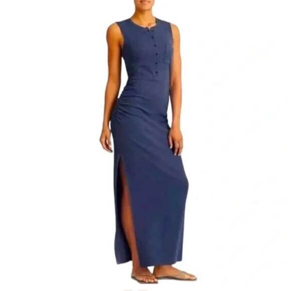 Athleta Blue Side Ruched Sleeveless Tank Maxi Dress Size Small Vacation Relax - Picture 1 of 7